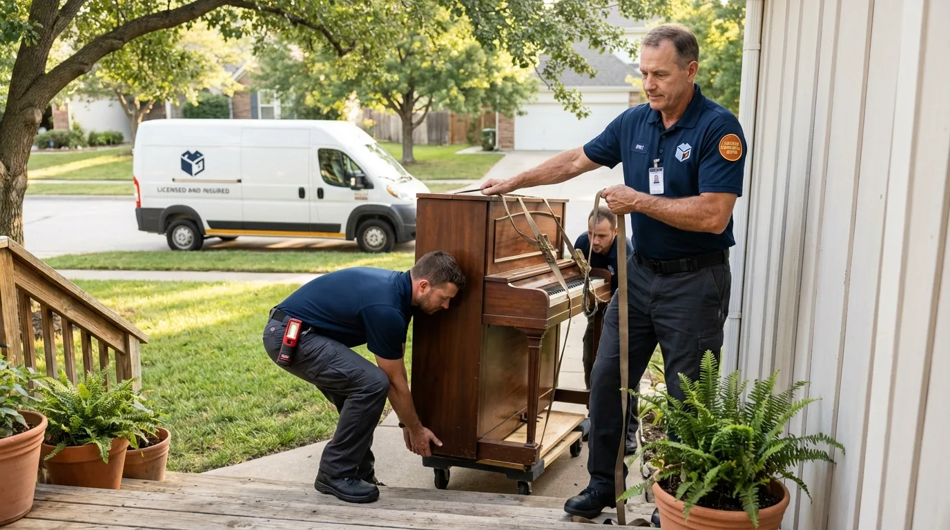 Licensed piano movers securing grand piano in Butler, WI