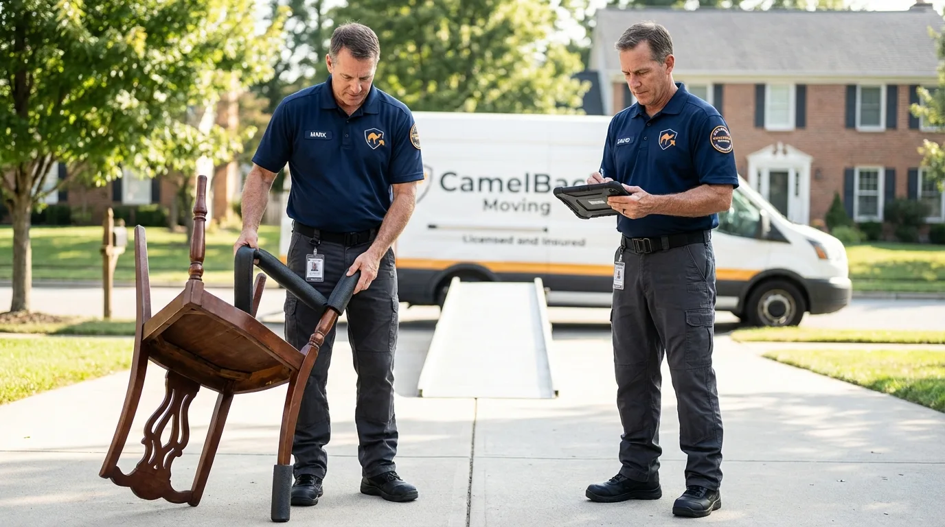 Movers inspecting furniture for damage prevention before loading in Butler, WI
